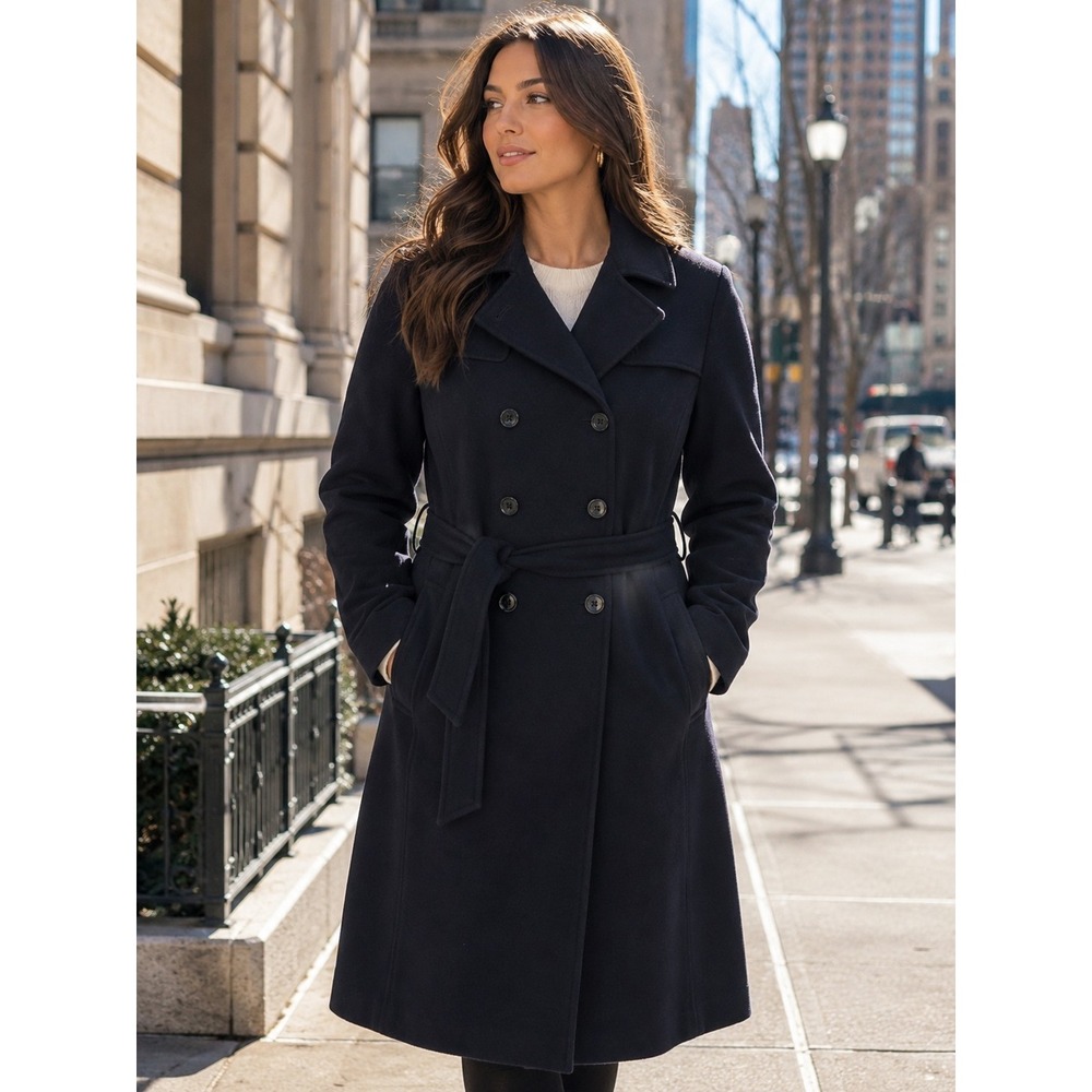ISSAC MIZRAHI Women's Black 12P Double Brested Pea Coat Merino Wool Vtg -1398
